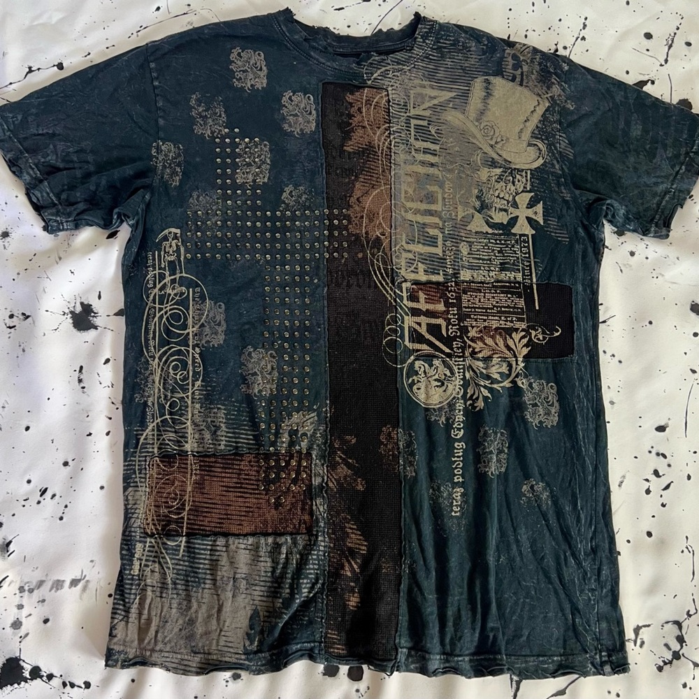 Affliction Men's Patchwork Distressed Tee - Black and Brown